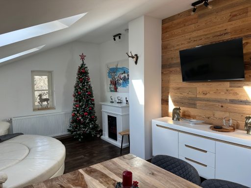 Heller Wohnraum mit Weihnachtsbaum, Kamin und Fernseher an einer Holzwand.